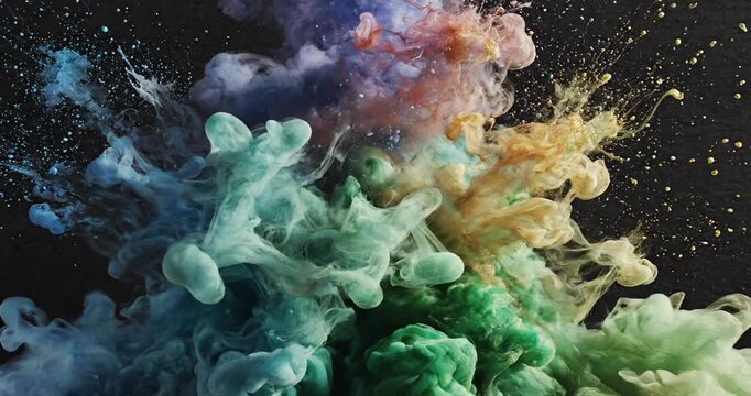 Colorful smoke explosion on a dark background, showcasing vibrant hues and dynamic movement
