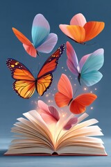 Open book releases colorful butterflies in a magical moment of imagination and learning