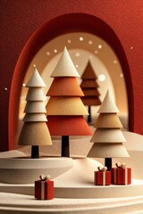 Minimalist stage design featuring stylized trees and gift boxes against a rich red backdrop