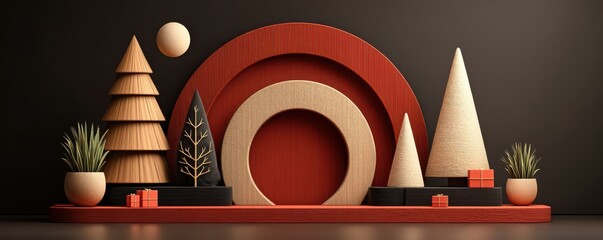 Minimalist stage design with red background, circular frame, and festive trees for Christmas display