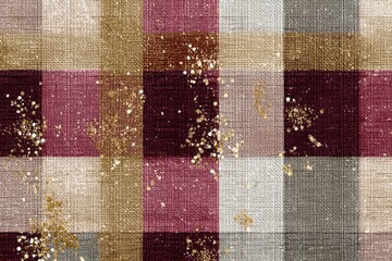 Plaid pattern with burgundy beige colors and gold glitter accents for festive fabric texture