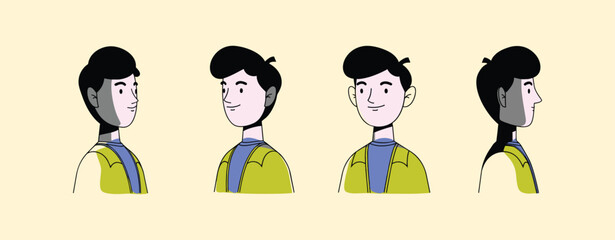 illustration of a young man's character design from multiple angles, showing front, side, and back views