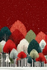 Colorful winter forest illustration with snow, red sky, falling snowflakes for holiday stock photo