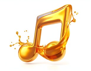 Golden musical note erupting from a splash of liquid, white background