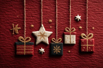 Merry Christmas card with hanging gift ornaments on a red textured background