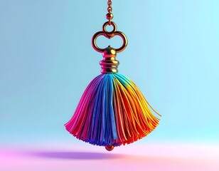 A detailed, close-up view of a tassel, suspended on a chain