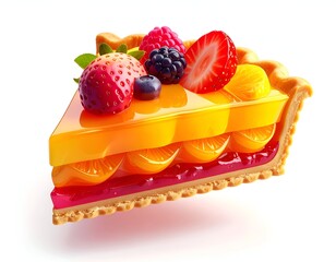 Slice of fruit tart, vibrant jellies, and fresh berries on a white backdrop