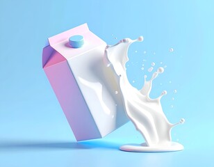 A carton of dairy product spills a splash against a pastel blue backdrop