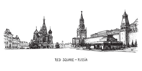 Fototapeta premium Red Square in Moscow featuring St. Basil's Cathedral illustrated in a vintage black and white engraving style.