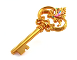 Ornate gold key with colorful gems, isolated on a white backdrop
