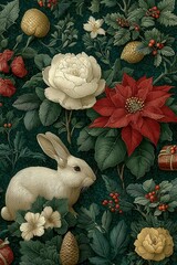 Winter forest scene with a white rabbit, deer, poinsettias, berries, and a wrapped gift