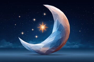 Geometric crescent moon and star art glowing in a tranquil night sky scene
