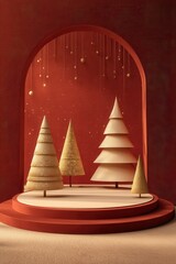 Red holiday stage with white Christmas trees on circular pedestal display for festive scenes