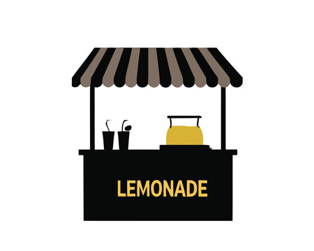 Vibrant graphic illustration of a classic lemonade stand with a striped awning and refreshing drink, perfect for summer events, small business concepts, and refreshing beverage themes