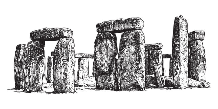Ancient Stonehenge stone circle monument illustrated in a vintage black and white engraving style.