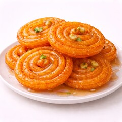 Coiled jalebi spirals soaked in sugar syrup, vibrant orange glossy surface, translucent syrup highlights, sticky realistic sheen, strong rounded 3D volume