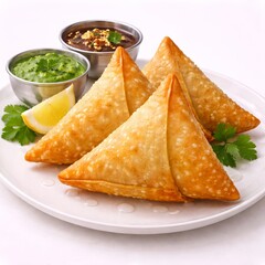 Crisp triangular samosas arranged neatly, golden flaky surface with fine bubbles, subtle oil gloss, sharp folded edges, strong rounded 3D depth, soft diffused lighting