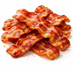 Crispy bacon strips layered together, rich reddish-brown tones, glossy fat highlights, wavy texture, strong rounded 3D depth, soft diffused lighting