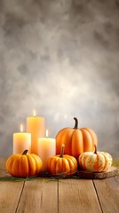 A cozy autumn display featuring various pumpkins and lit candles on a wooden table against a soft, blurred background.