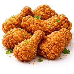 Crispy fried chicken pieces, rugged golden-brown crust, subtle oil sheen, crunchy texture highlights, strong rounded 3D depth, layered arrangement, soft studio lighting