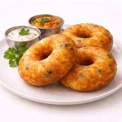 Crispy medu vadas with central holes, deep golden-brown textured surface, subtle oil gloss, realistic crunchy edges, rounded 3D depth, layered composition