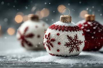 Close-up of red Christmas ornament with snow and warm bokeh lights in winter setting