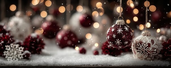 Christmas lights and red ornaments hanging over snowy ground with festive garland and lanterns