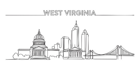 Naklejka premium West Virginia state skyline featuring Charleston Capitol and bridge illustrated in a continuous one line drawing style.