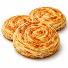 Flaky layered parotta spirals, golden-brown glossy surface, visible folded layers, subtle oil sheen, strong rounded 3D depth, layered arrangement, soft diffused lighting