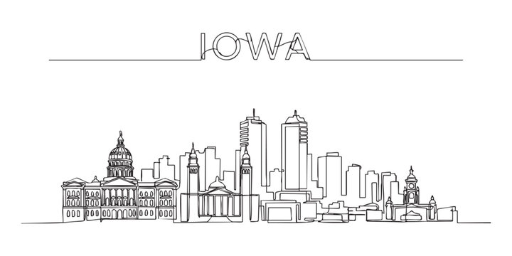 Iowa state skyline featuring Des Moines city buildings and Capitol illustrated in a continuous one line drawing style.