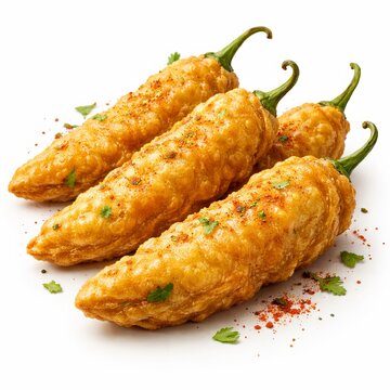 Deep-fried mirchi bajjis, elongated shape with crinkled golden batter, subtle oil gloss, crispy textured surface, strong rounded 3D volume, layered composition