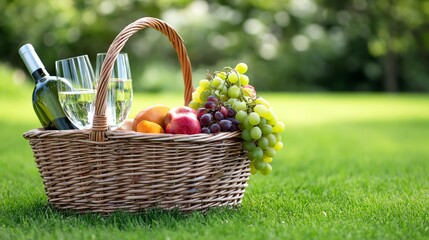A wicker basket filled with fresh fruits, wine, and glasses, set on green grass, perfect for a picnic or outdoor gathering.