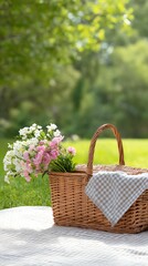 A wicker basket filled with fresh flowers rests on a picnic blanket in a sunny, green outdoor setting.