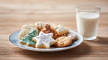 A festive plate of assorted decorated cookies accompanied by a glass of milk, perfect for holiday gatherings and celebrations.