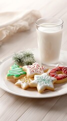A plate of festive cookies shaped like stars and rings, decorated with icing, accompanied by a glass of milk and some decorative greens.