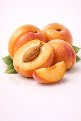Ripe apricots with warm orange-yellow skin, soft natural blush, smooth glossy surface, realistic moisture droplets, rounded 3D volume, layered composition, soft lighting