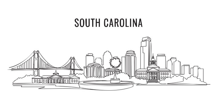 South Carolina state skyline featuring Charleston bridge and city buildings illustrated in a continuous one line drawing style.