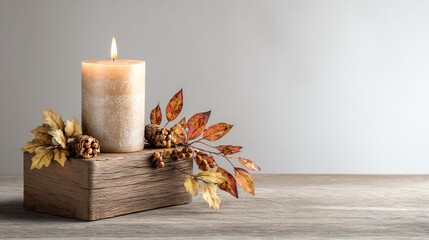 A decorative candle sits atop a wooden block, surrounded by autumn leaves and pinecones, creating a warm, inviting atmosphere.