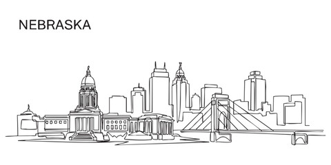 Fototapeta premium Nebraska state skyline featuring Omaha city buildings and bridge illustrated in a continuous one line drawing style.