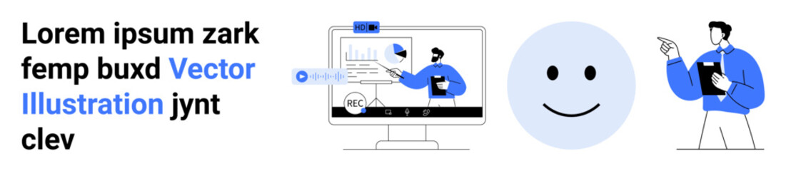 Fototapeta premium Business, communication, teamwork, technology, online collaboration, data sharing. A business professional presenting on a digital screen with charts, graphs and a smiling icon. Business