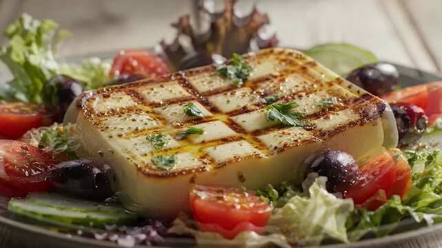 Grilled halloumi cheese served on a fresh salad