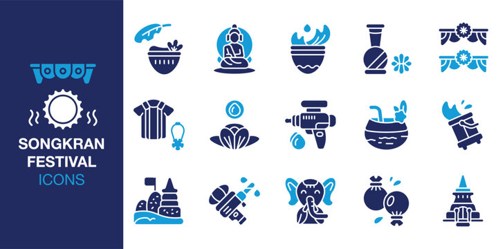 Songkran Festival Icon set. Containing street, party, parade, holiday, newyear, buddhist and more. Solid vector icons collection. Vector illustration.