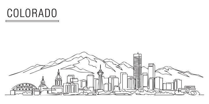 Colorado state skyline featuring Denver city buildings and Rocky Mountains illustrated in a continuous one line drawing style.