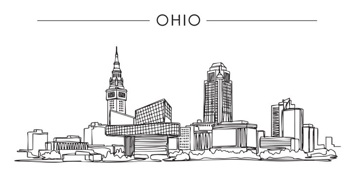 Ohio state skyline featuring Cleveland city buildings and Rock and Roll Hall of Fame illustrated in a continuous one line drawing style.