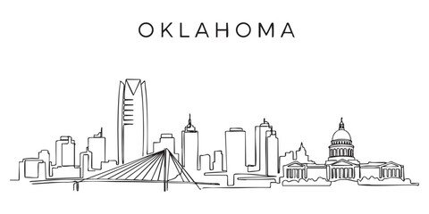 Fototapeta premium Oklahoma state skyline featuring Oklahoma City buildings and capitol illustrated in a continuous one line drawing style.