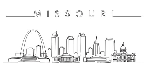 Obraz premium Missouri state skyline featuring St. Louis Gateway Arch and capitol illustrated in a continuous one line drawing style.