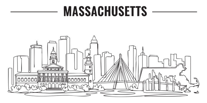 Massachusetts state skyline featuring Boston city architecture illustrated in a continuous one line drawing style.