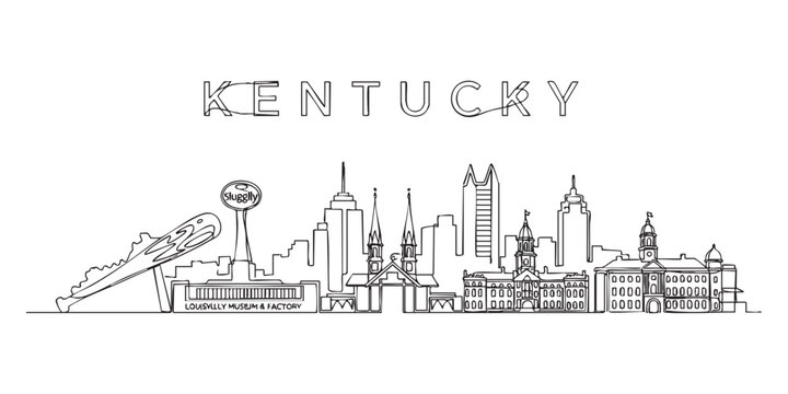 Kentucky state skyline featuring Louisville buildings and baseball bat illustrated in a continuous one line drawing style.