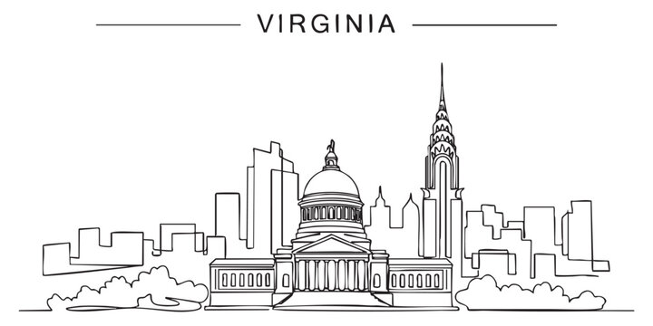 Virginia state skyline featuring Richmond capitol and city buildings illustrated in a continuous one line drawing style.