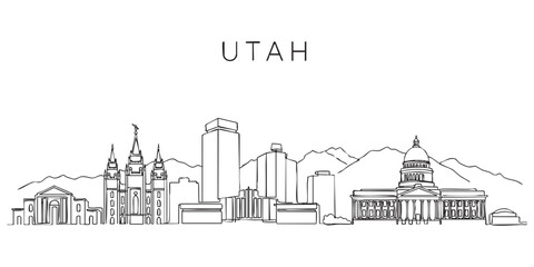 Obraz premium Utah state skyline featuring Salt Lake City Temple and mountains illustrated in a continuous one line drawing style.
